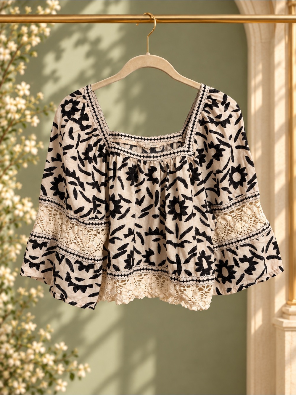 Christian Siriano New York XS Floral Crochet Lace Linen Blend Blouse